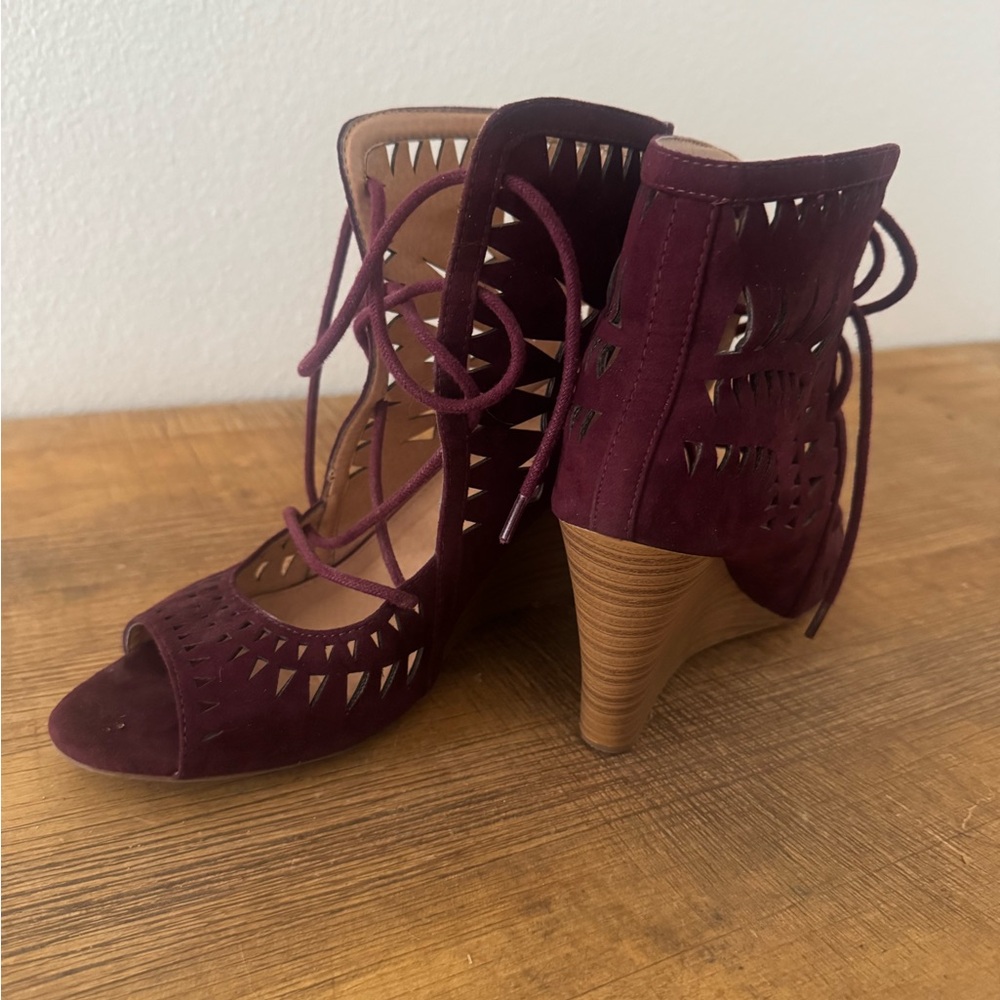Lace-Up Cutout Suede Heels in Burgundy